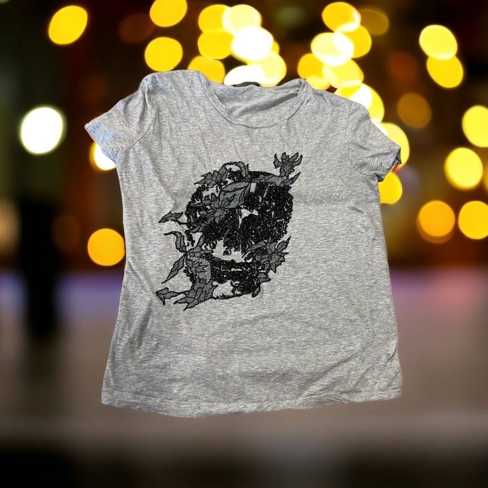 Alexander McQueen Embellished Skull T Shirt Gray Black Sz 40 US 4/6 READ